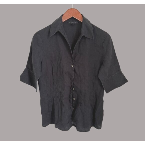Lafayette 100% Linen Black Button-Down Shirt Size 6 Short Sleeve Lightweight Chi - Picture 2 of 7